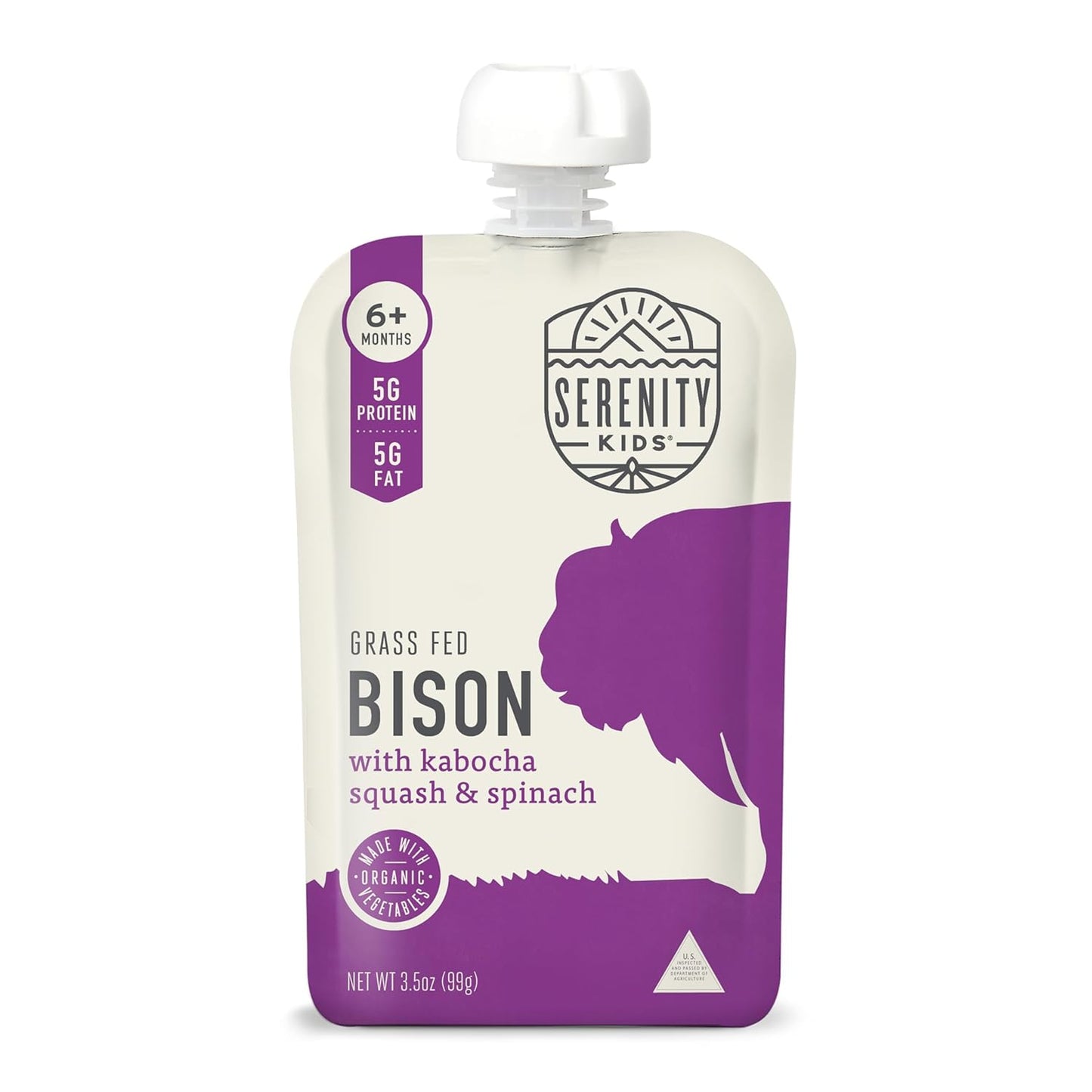 Serenity Kids 6+ Months Baby Food Pouches - Ethically Sourced Grass-Fed Bison & Organic Kabocha Squash & Spinach Puree - BPA-Free Baby Puree Pouches - 3.5 Oz, 6 Pack