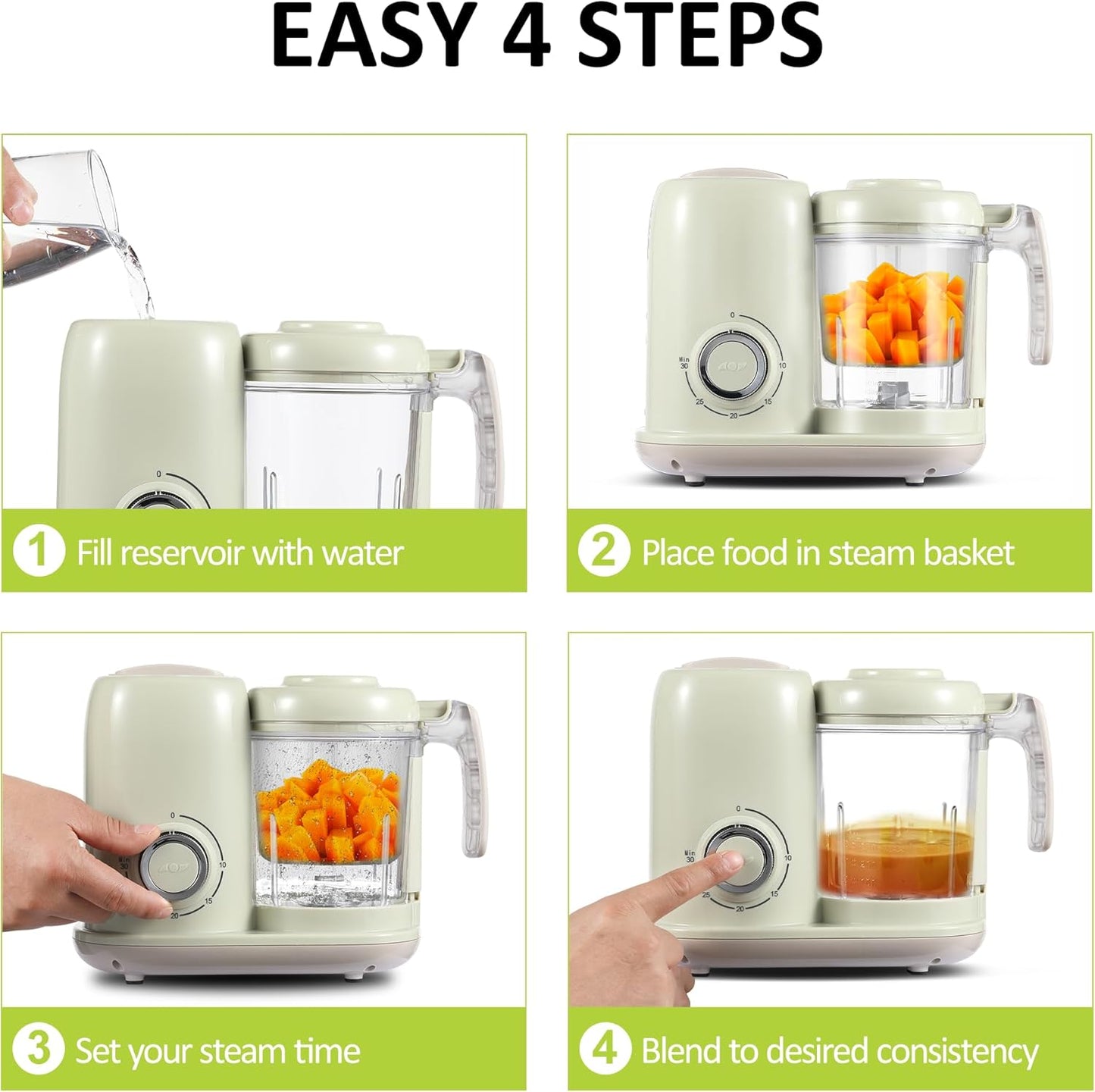 Baby Food Maker, 4 in 1 Baby Food Processor and Steamer, Puree Blender, Multifunctional Baby Puree Maker, Dishwasher Safe (Green)