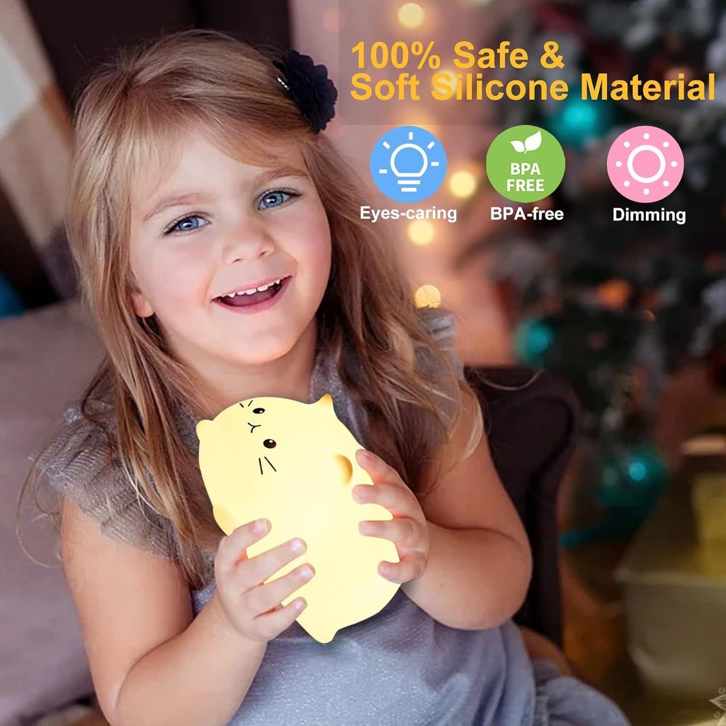 Tremdwoto Cat Night Light for Kids,Cute Colorful Night Light Baby Girl Squishy Night Light Lamp 3 Hour Timer Kitty Light USB Rechargeable Nursery Lamp Nightlight ，Gifts for Boys and Girls