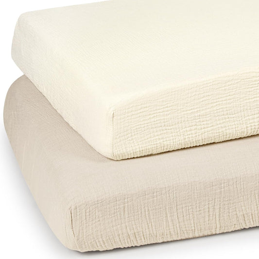lulumoon Mini Crib Sheets Muslin: Soft Cotton Fitted Mini Crib Mattress Sheets for Boys and Girls 2Pack