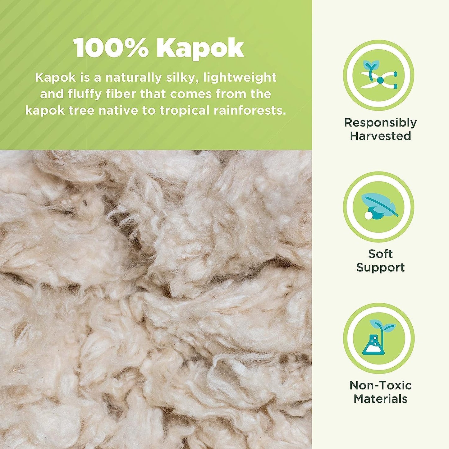 Bean Products Travel/Toddler Organic Kapok Pillow + Natural Org Case - 13" x 18" - Organic Cotton Zippered Shell - Made in USA