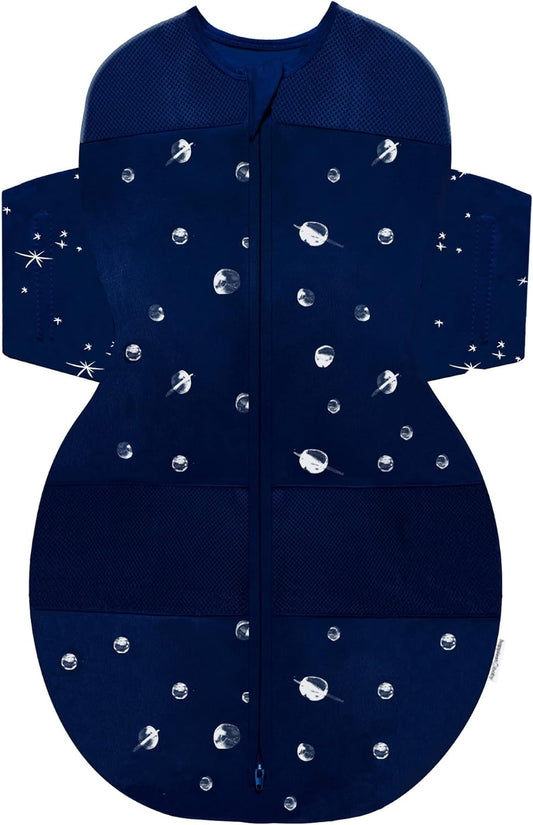 Happiest Baby SNOO Sleep Sack - 100% Organic Cotton Baby Swaddle Blanket - Doctor Designed Promotes Healthy Hip Development (Midnight Planets, Large)