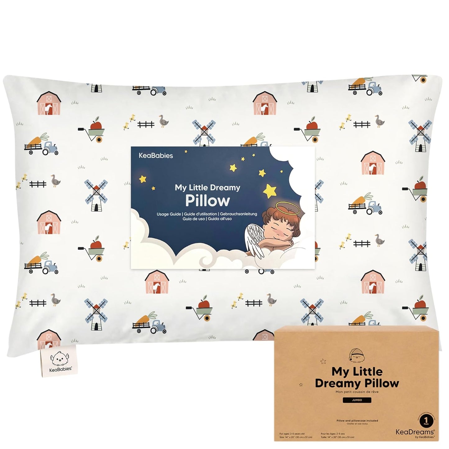 KeaBabies Toddler Pillow with Pillowcase, Jumbo 14X20 - Soft Organic Cotton Toddler Pillows for Sleeping - Machine Washable - Perfect for Travel, Toddler Bed Set (Barn)