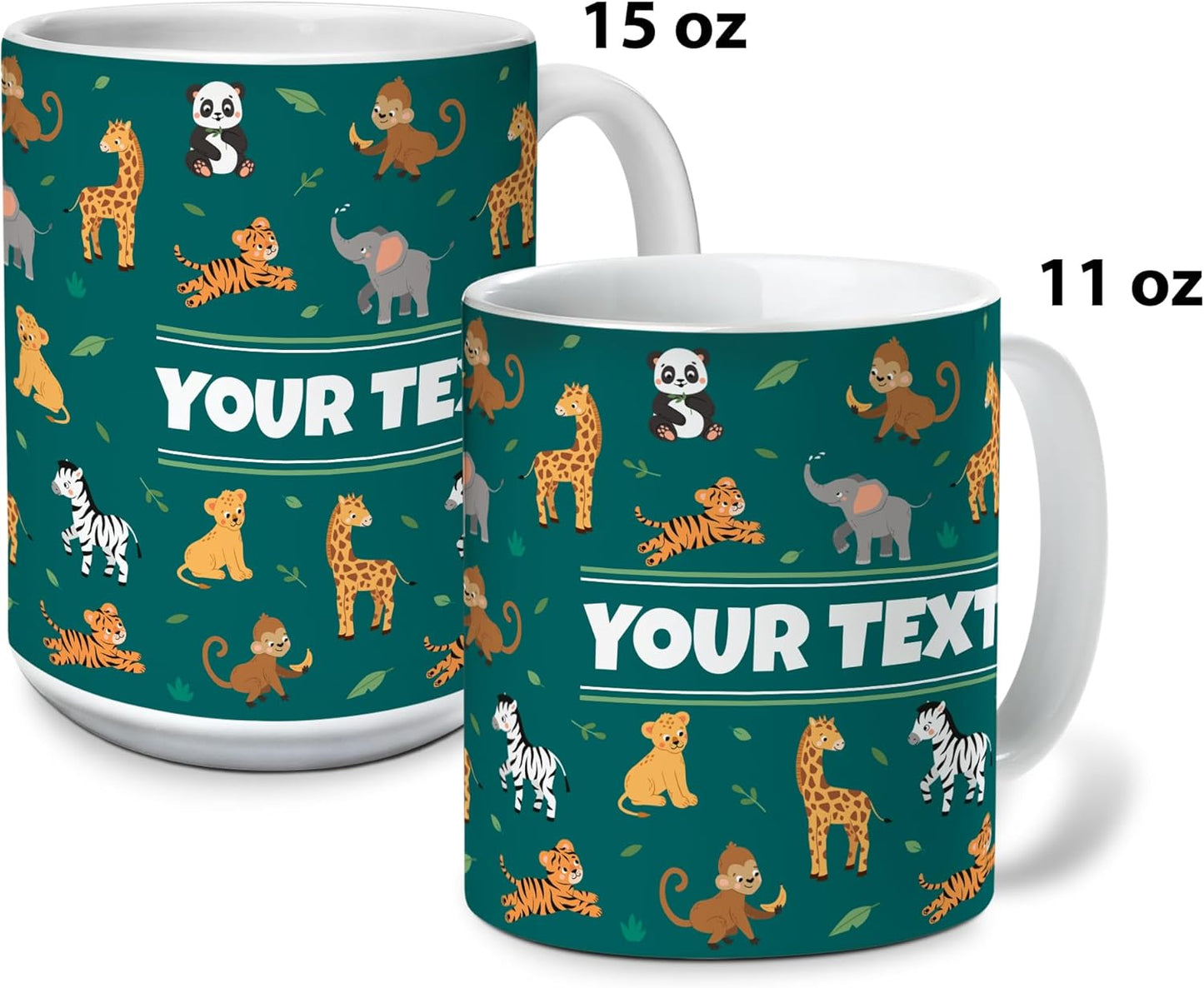 Personalized Mug for Kids - Zoo Animals - Custom Name/Text, Ceramic Hot Chocolate/Cocoa/Coffee Cup for Boys/Girls, Birthday/Christmas/Holiday Gift - 11 oz, Black Handle