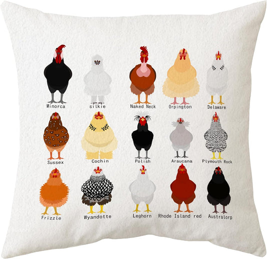 Sidhua Farmhouse Chicken Themed Pillowcase Decorations for Home, Cute Educational Breeds of Chickens Chart Pillow Cover 18”x18”, Chicken Lover Gifts, Farmer Men Women Girls Boys Gifts