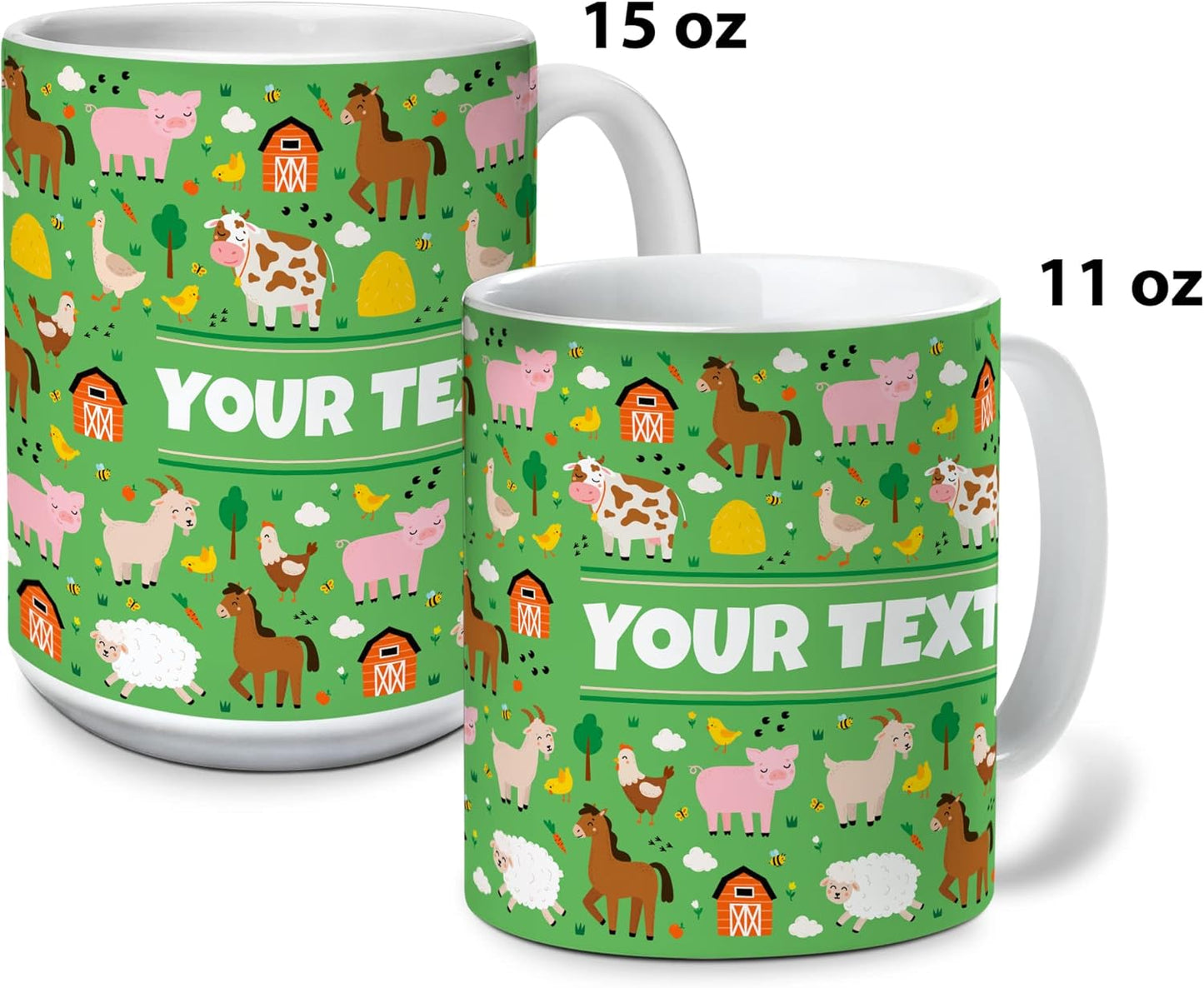 Personalized Mug for Kids - Farm Animals - Custom Name/Text, Ceramic Hot Chocolate/Cocoa/Coffee Cup for Boys/Girls, Birthday/Christmas/Holiday Gift - 11 oz, White Handle