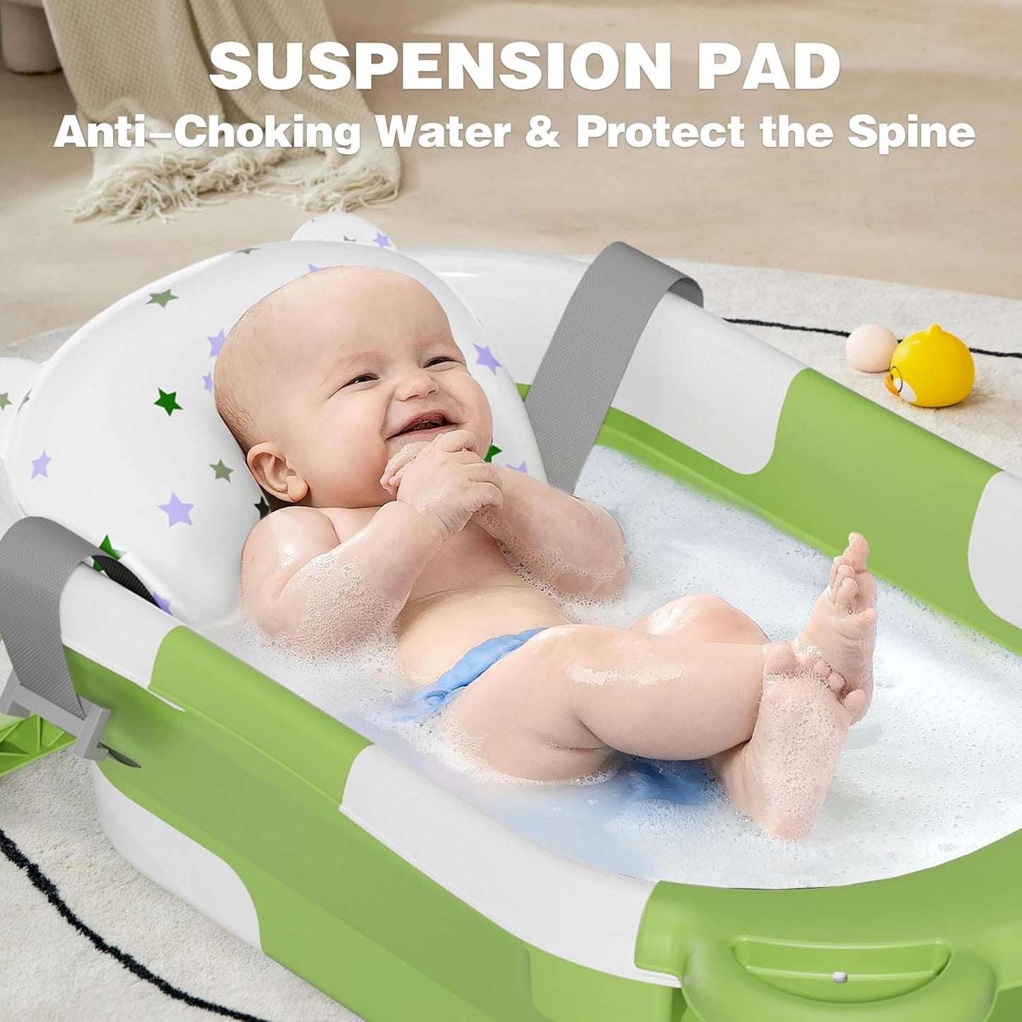 MoreFeel Collapsible Baby Bathtub for Newborn with Thermometer & 1 Hooded Towel & 1 Soft Floating Cushion,Portable Travel Bathtub with Drain Hole, Durable Foldable Baby Tubs for Infants to Toddler