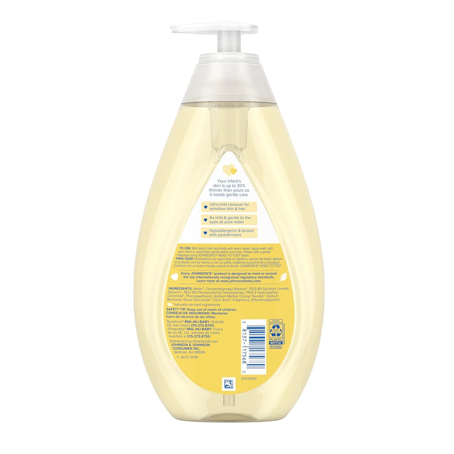 Johnson's Head-to-Toe Gentle Tear-Free Baby & Newborn Wash & Shampoo, Sulfate-, Paraben- Phthalate- & Dye-Free, Hypoallergenic Wash for Sensitive Skin & Hair, 27.1 fl. Oz