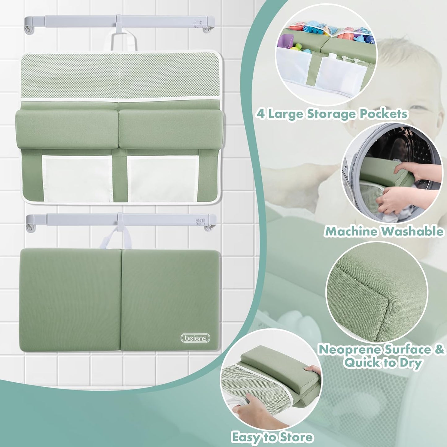 beiens Bath Kneeler and Elbow Rest Pad Set - 1.5'' Comfortable Thick Baby Bath Kneeler Pads, Quick Dry Soft Kneeling Pad for Baby Bath Time, Non-Slip Knee& Arm Support Bathtub Mat with Toys Organizer