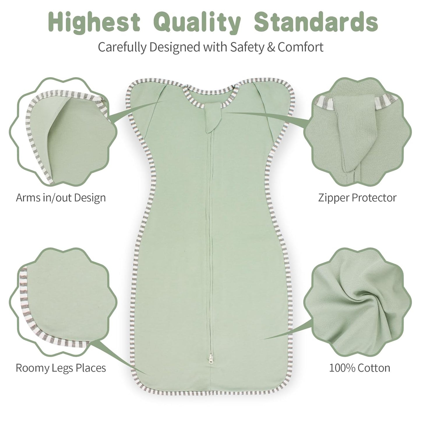 Transition Swaddles for Newborns Sleep Sack 0-3 Months Arms Up Swaddle Arms in/Out 2-Way Zipper 100% Cotton, 0.8 Tog Newborn Swaddle Sack for Boy Girl, 2-Pack (Small 5-14lbs)