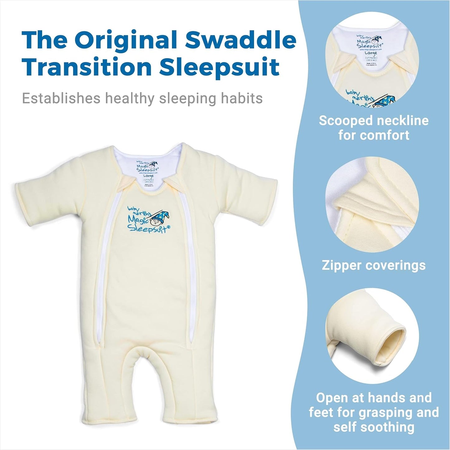 Magic Sleepsuit Baby Merlin's Bamboo/Cotton Baby Swaddle Transition Product - Soft and Cozy Design, Double Zipper for Easy Diaper Changes, Promotes Safe Sleep, 3-6 Months - Blue - Large 12-18lbs