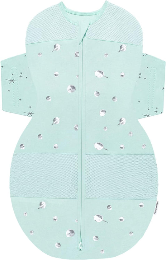 Happiest Baby SNOO Sleep Sack - 100% Organic Cotton Baby Swaddle Blanket - Doctor Designed Promotes Healthy Hip Development (Teal Planets, Small)