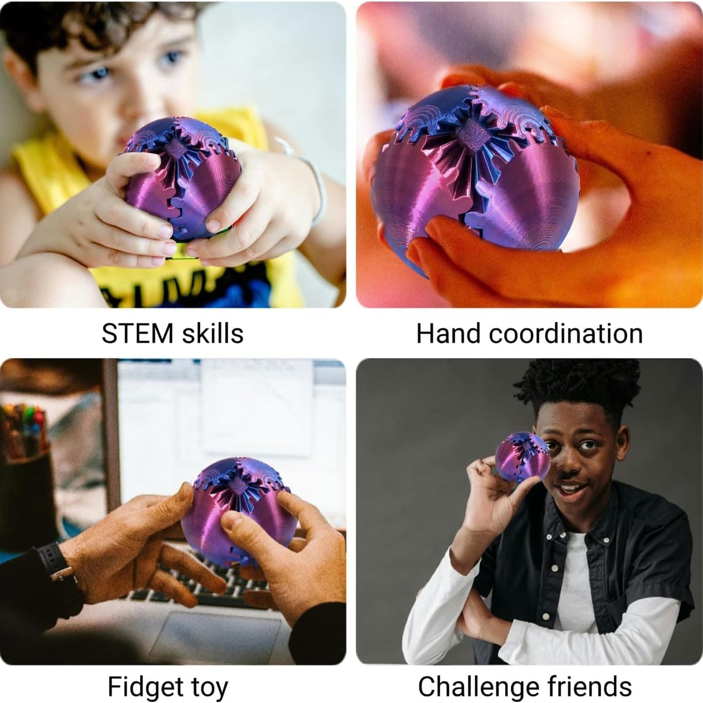 Gear Ball, Gear Sphere 3D Printed Gear Ball Fidget Toy Spin Ball, GearSphere Desk Toy, Stress Ball, Fidget Ball, Gear Toy for Stress and Anxiety Relaxing (Laser Red Blue Green)