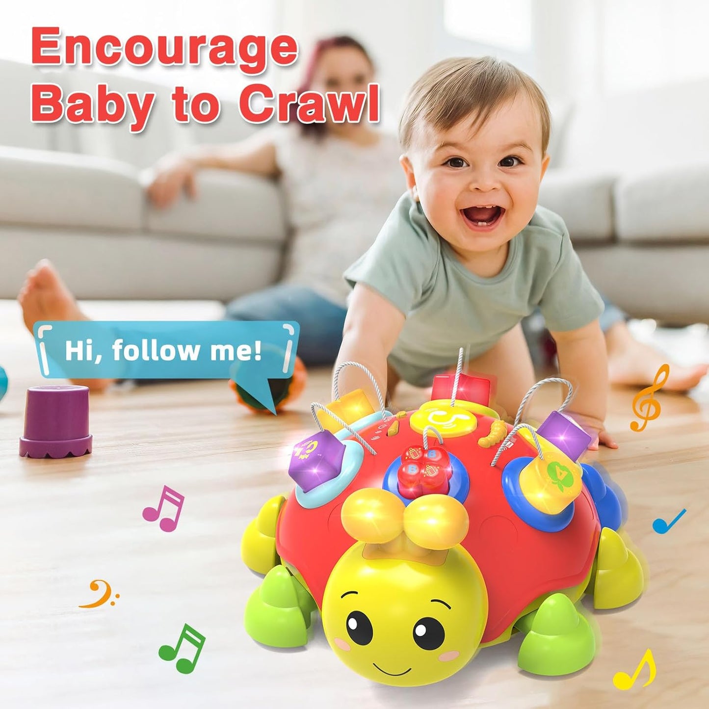 Baby Crawling Toys 6-12 Months,Musical Ladybug Crawling Toy for Infants 0-3-6 7 8 9 10 12-18 Months,Early Education Light Up Music Walking Toys,Shape Matching,Tummy Time Toys for Boy Girl Gift (Red)