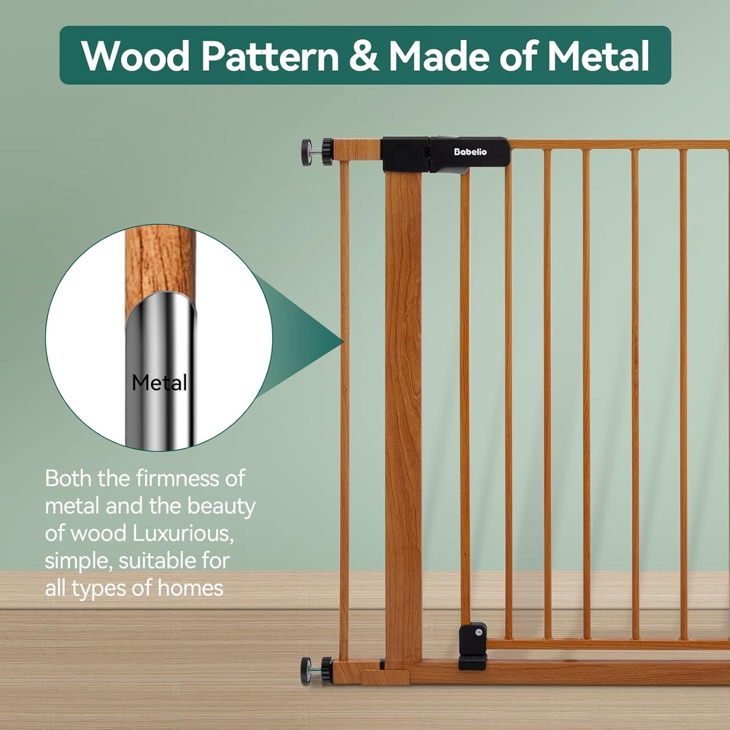 BABELIO 29-40" Metal Baby Gate with Wood Pattern, Auto Close Dog/Pet Door for The House、Stairs and Doorways, Pressure Mounted Barrierr, NO Tools Needed