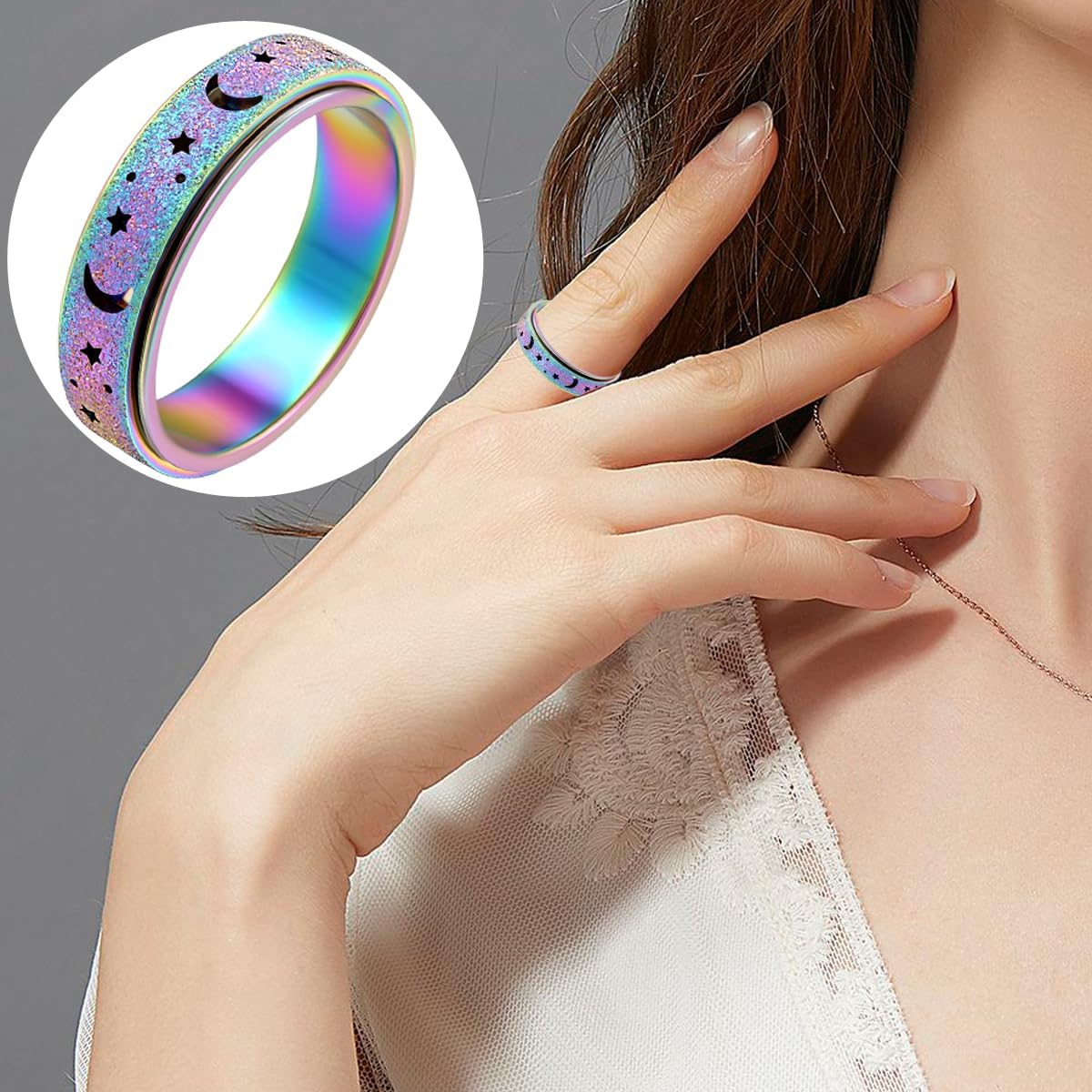 OreilleStar Anxiety Ring for Women Spinner Ring Fidget Ring Fidget Toys Adults Spinner Rings Stainless Steel Silver Rainbow Size 7 Moon Star Band