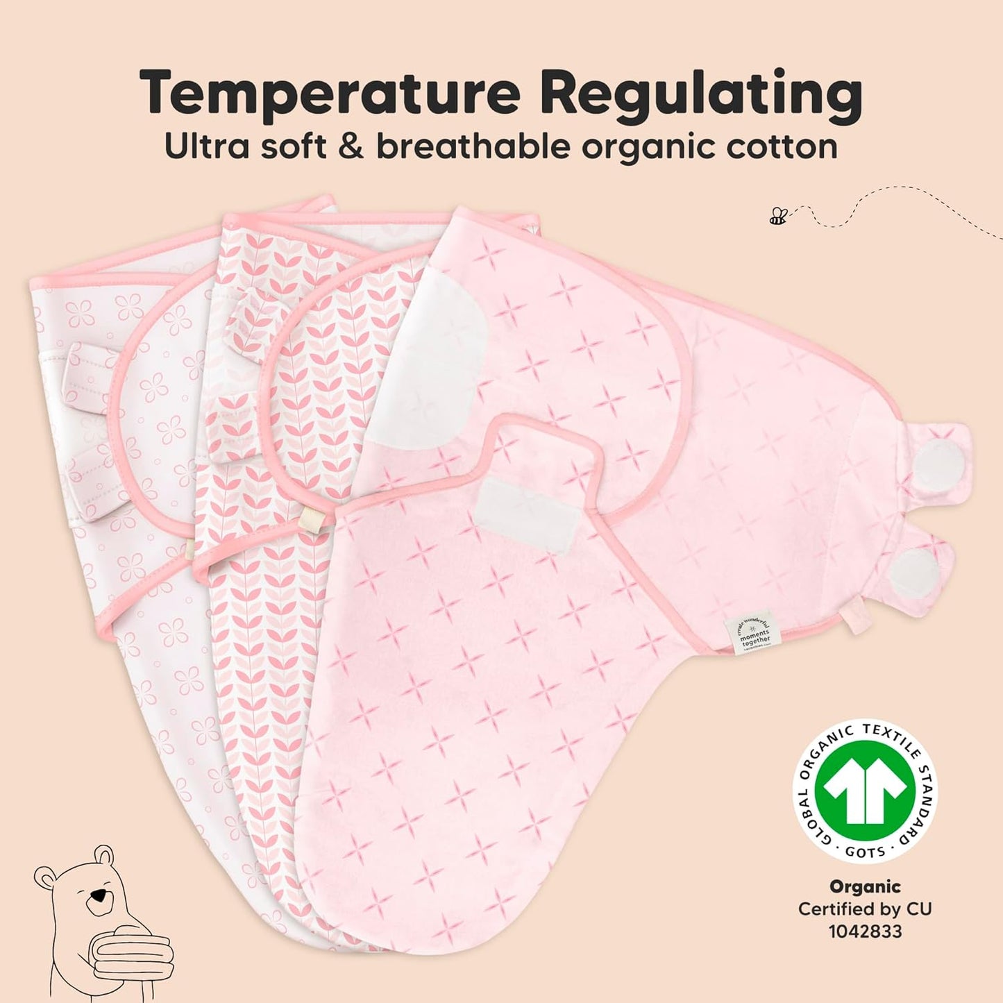 3-Pack Organic Baby Swaddle Sleep Sacks - Swaddles for Newborns, Infant 0-3 Months, Baby Girls, Boys, Soft & Snug Newborn Sleep Sack, Nursery Swaddling Blankets (Blossom, XS)