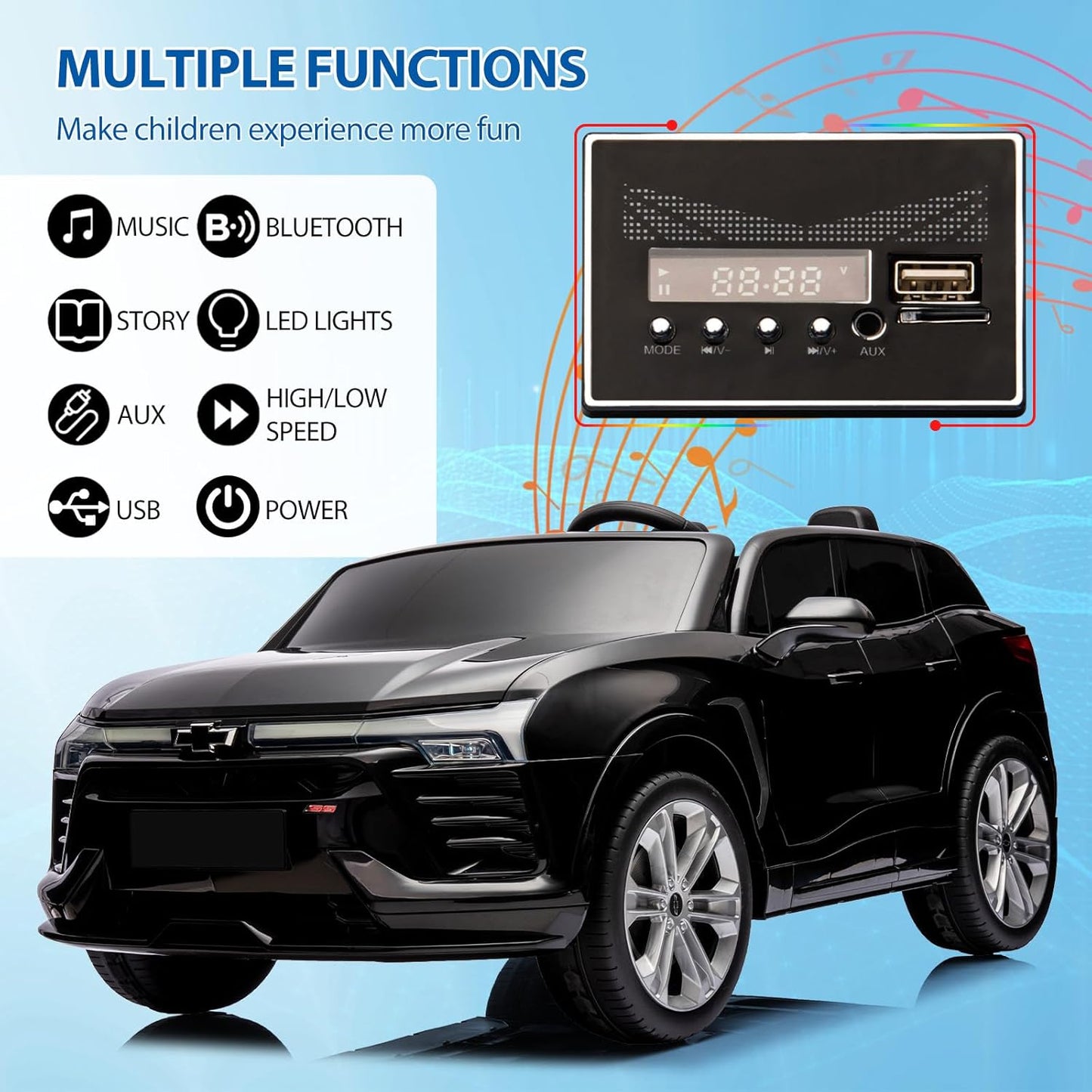 Hetoy 24V 2-Seater SUV Licensed Chevrolet Blazer Ride On Car Toy w/Parent Remote Control, 3 Speeds, Wireless Music, MP3 Player, Electric Car for Kids Ages 3-8, Black