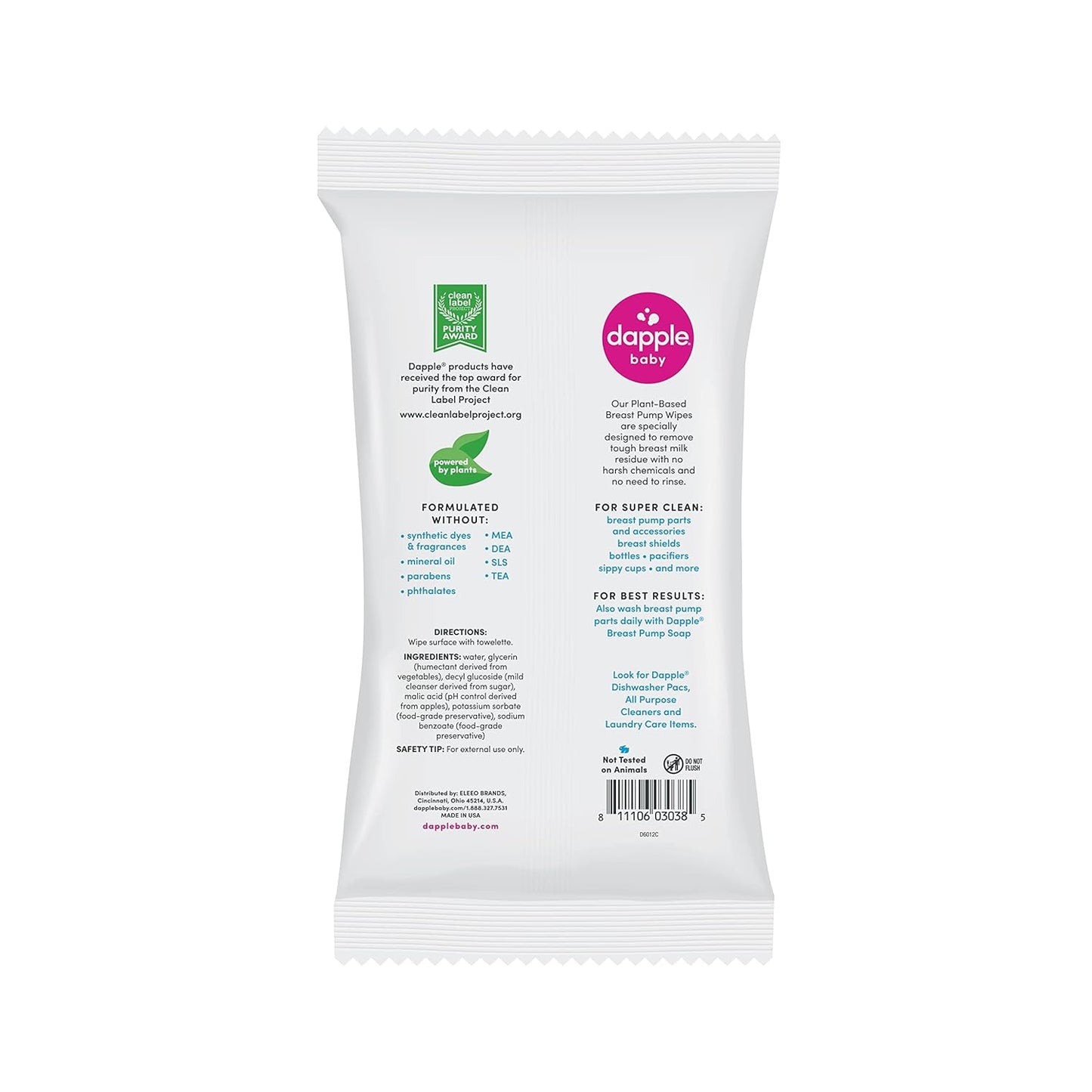 Dapple Baby Breast Pump Wipes, Powered by Plants, Hypoallergenic, Removes Milk Residue, No Rinse, Fragrance Free, 25 Count (Pack of 3)