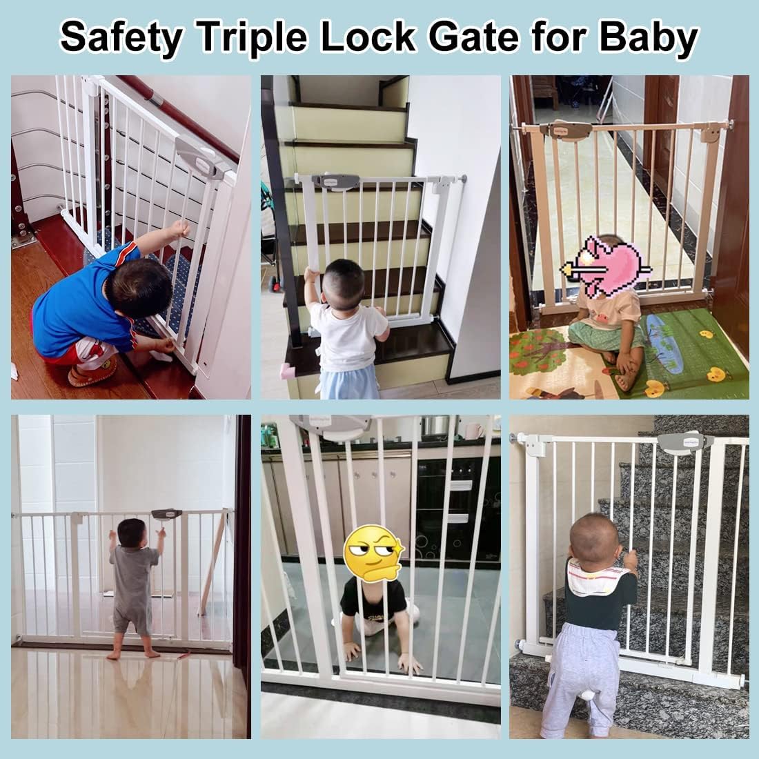 WAOWAO Triple Lock Baby Gate Extra Wide 72.04-76.77" Pressure Mounted Walk Through Swing Auto Close Safety White Metal Dog Pet Puppy for Stairs,Doorways,Kitchen