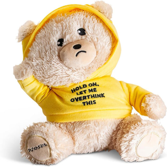 Overthinking Unbearable Plushie, Comical Plush Teddy Bear Collectible, Funny Pun Meme Gag Gift, White Elephant, Stocking Stuffer,Emotional Support, Fun Desk Accessory, Weighted Base for Display