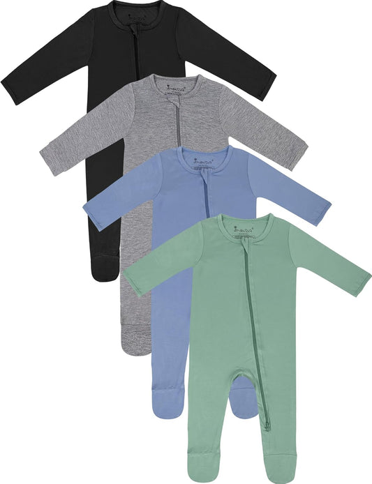 Jimonda Baby Boy Romper 4-Pack - Bamboo Zip-Up Pajamas for 0-24 Months,Unisex Footed Sleepers,Ultra-Soft Stretchy Fabric
