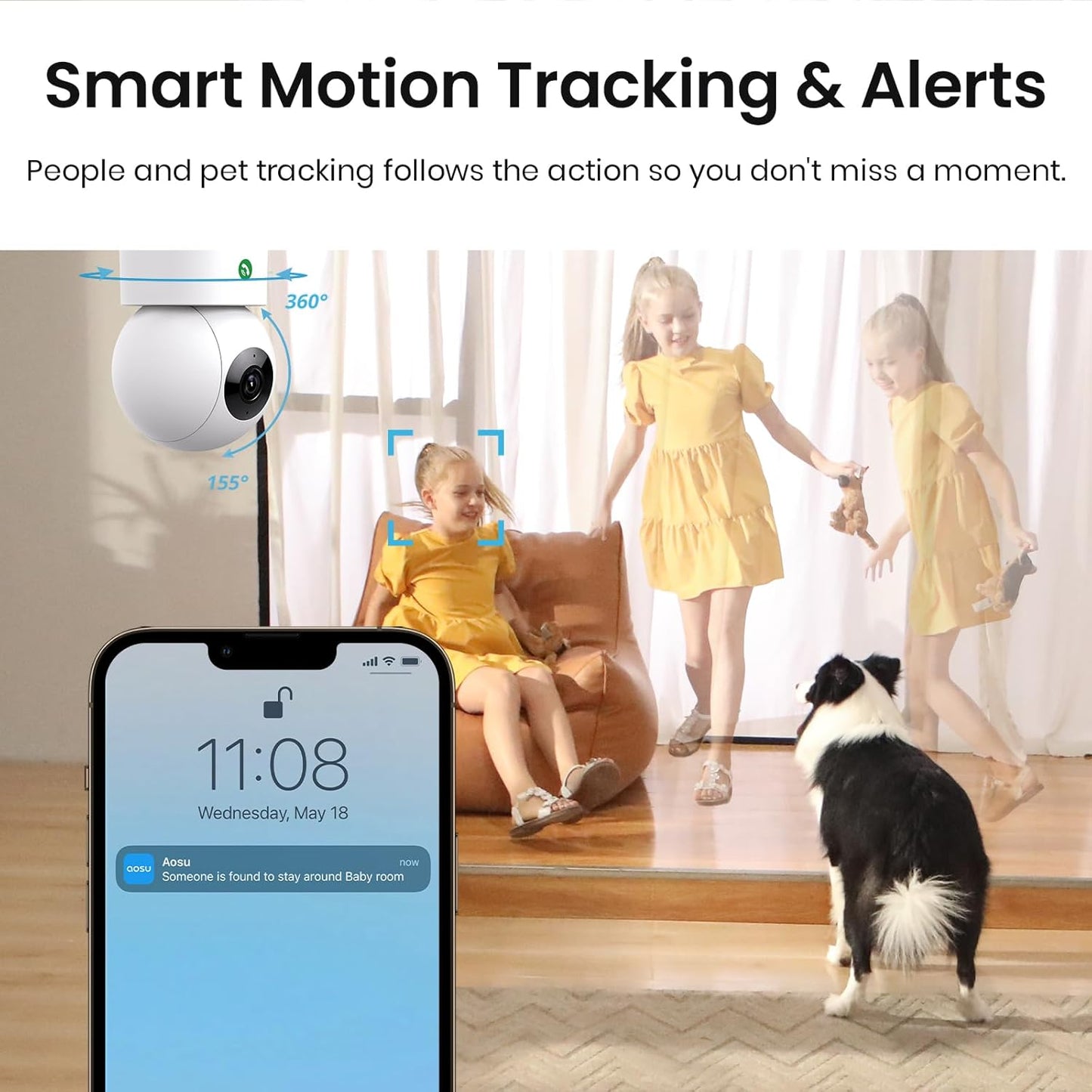 AOSU 2K Security Camera Indoor, Baby Monitor Pet Camera One-Touch Call, Smart Motion Tracking, IR Night Vision, Compatible with Alexa, 2 Pack