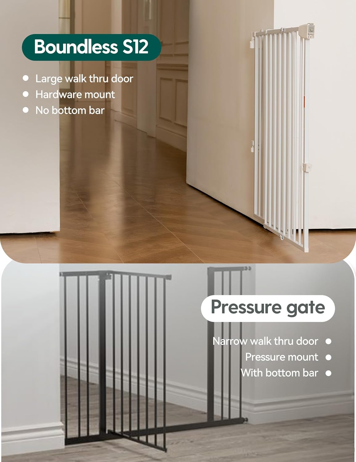 Babelio 29.7-46.5" No Bottom Bar Baby/Dog Gate for Stairs, House and Doorways, Auto Close Safety Pet Gates with Large Walk Thru Door, Hardware Mount, White