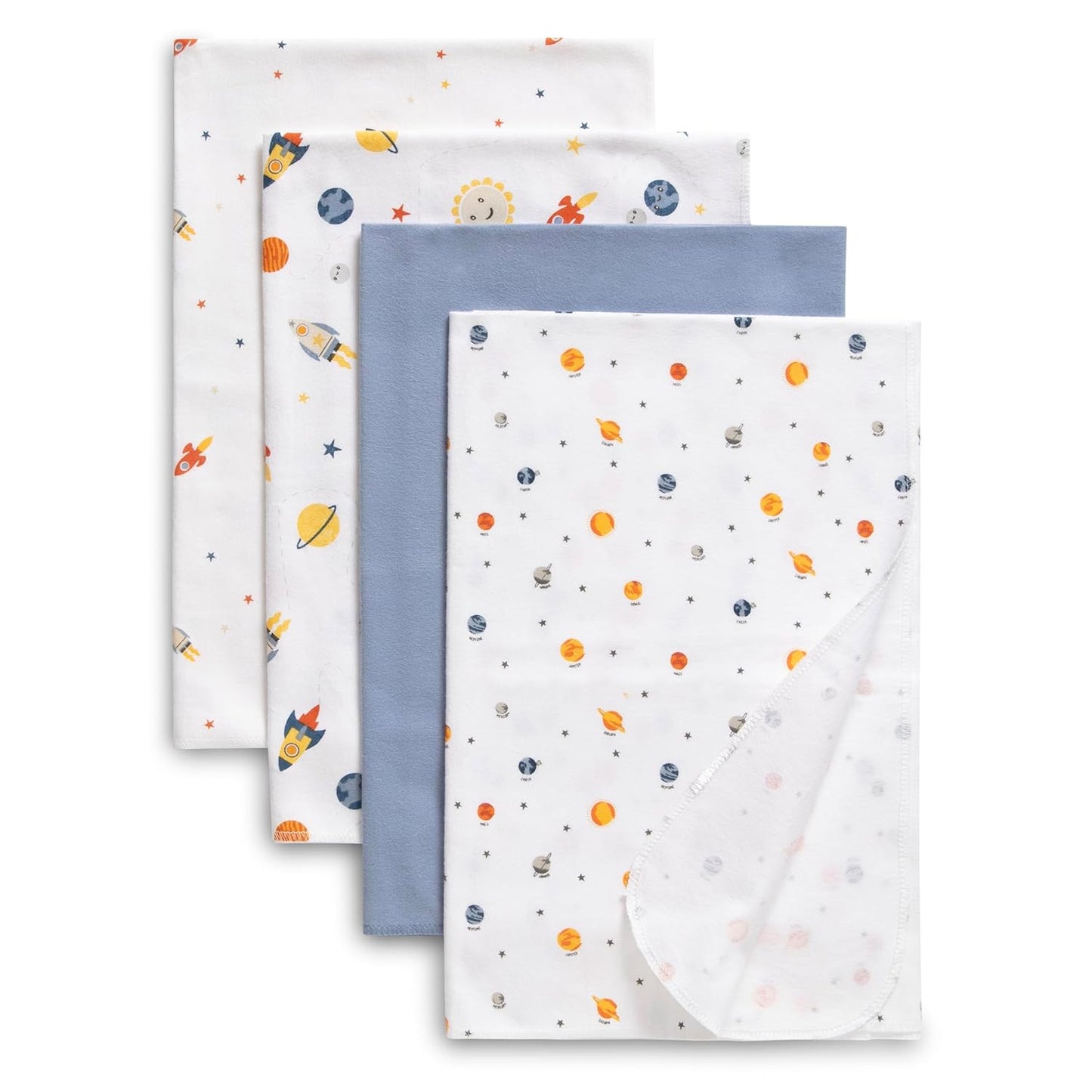 Delta Children 100% Cotton Flannel Baby Receiving Blankets for Girls and Boys – 30x30 Inches (Pack of 4), Space Exploration