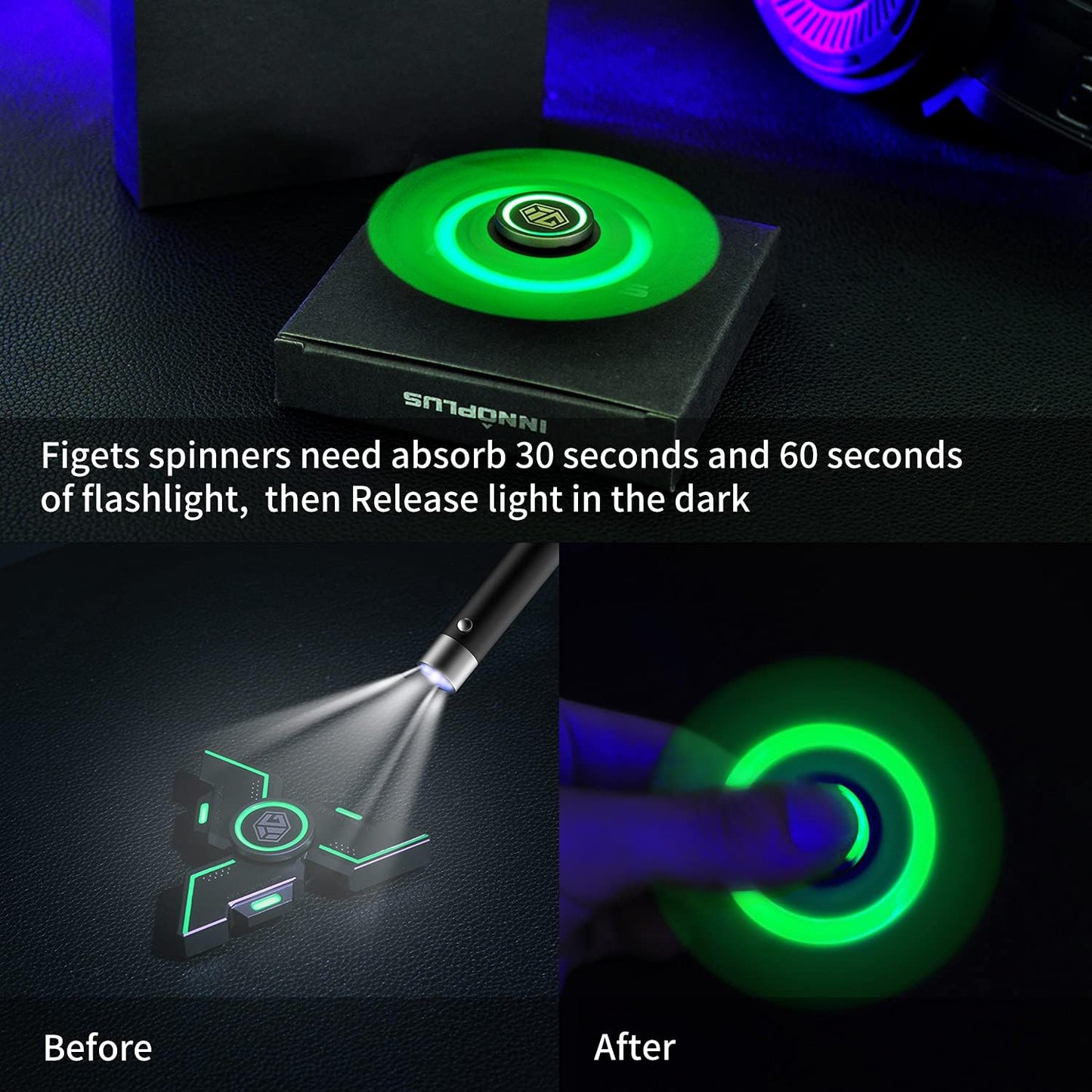 Fidget Spinners, INNÔPLUS Fidget Spinners for Kids, Fidget Toys, Fidgets for Kids,Metal Fidget Spinner with Luminous Light Stress Relief, Spinner Absorb Light Then Release in Dark