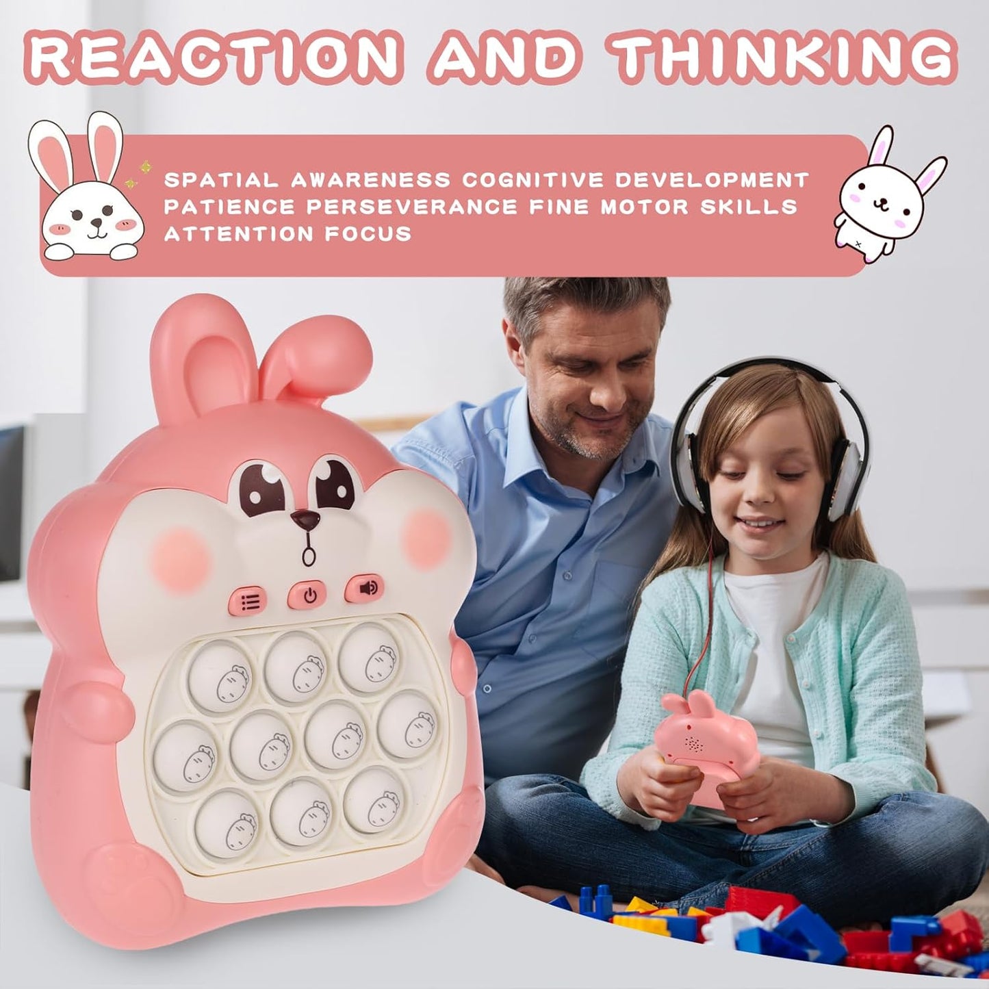 Fast Push Game Pop Fidget Toys for Kids, Fast Push Bubble Game, Quick Push Pop Game for Boys & Girls Age 3-12, Handheld Puzzle Game Sensory Toys Relaxation and Decompression (Pink Bunny)