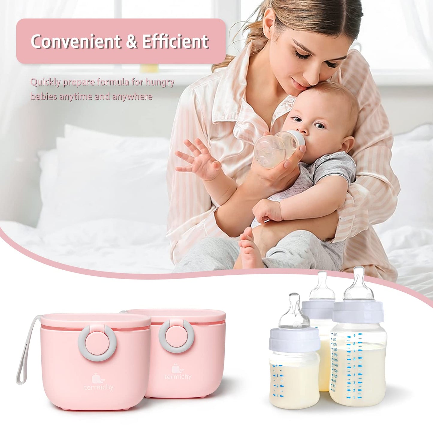 Termichy Baby Formula Dispenser, Portable Milk Powder Dispenser Container with Carry Handle and Scoop for Travel Outdoor Activities with Baby Infant, 8.8OZ, 0.55LB, 250g (Pink-2pack)
