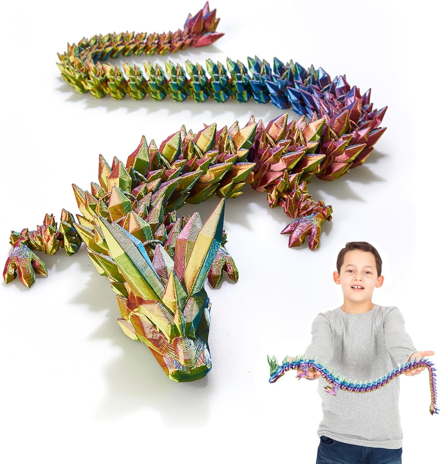 3D Printed Dragon, 30 Inch Crystal Dragon, Bigger Fidget Toys Adults, 3D Printed Articulated Dragon for Home Office Car Desk Decor Toys, Dragon Eggs Gift Given on Birthday (Red Yellow Blue)