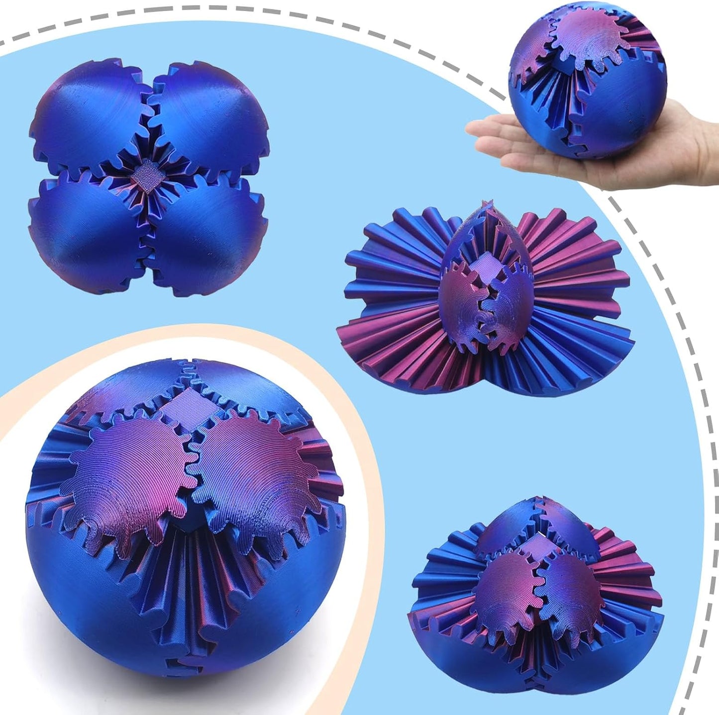 3D Printed Gear Ball Spin Ball, 4inch Large Gear Ball Fidget Toy, Gear Sphere Cube Puzzle, Gearball Fidget Desk Toy, Gearsphere Steampunk Whirling Wonder Fidget Stress Ball (Yellow Blue)