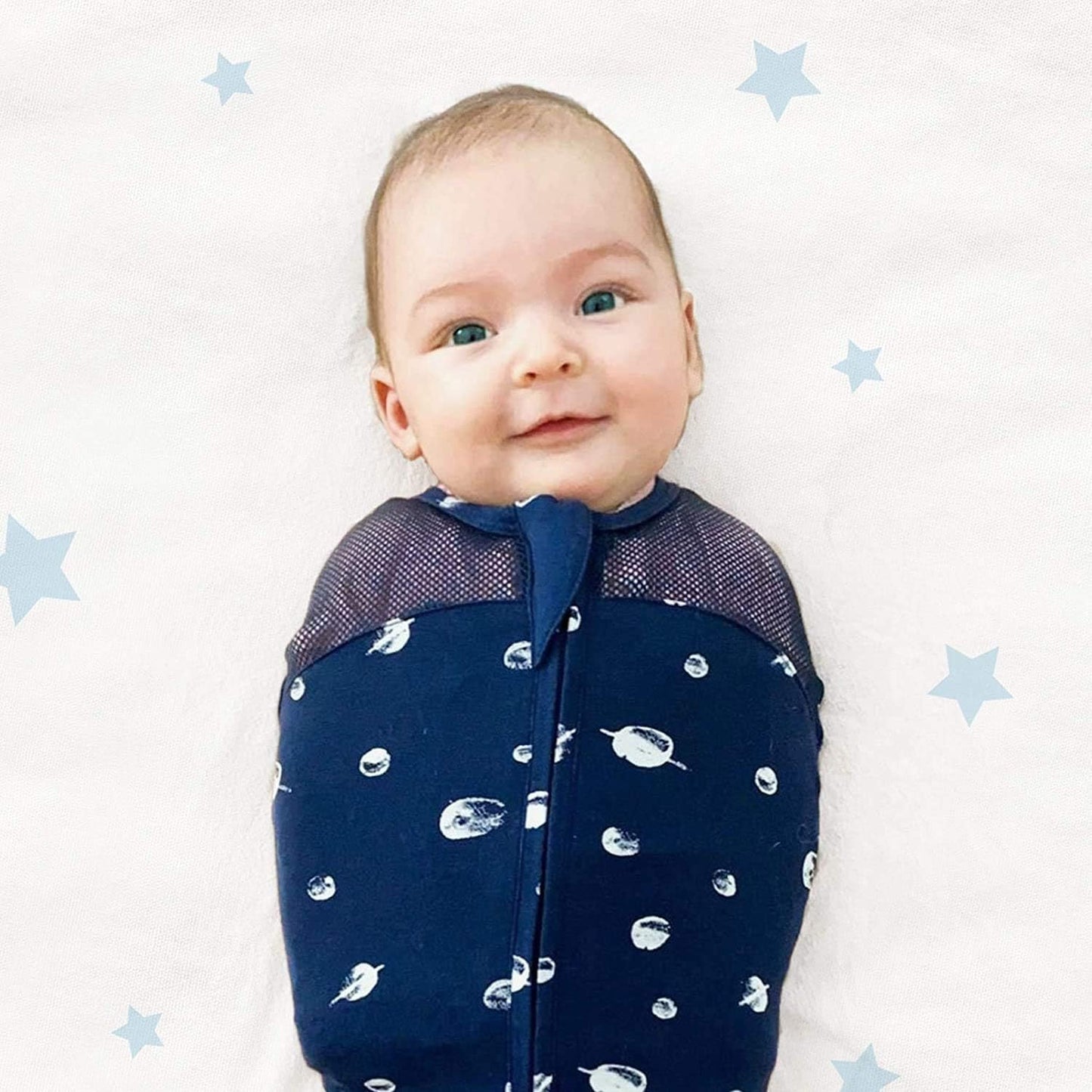 Happiest Baby Sleepea 5-Second Swaddle - 100% Organic Cotton Baby Swaddle Blanket - Doctor Designed Promotes Healthy Hip Development - 3-Pack Bundle (Ivory Planets, S, M, L)