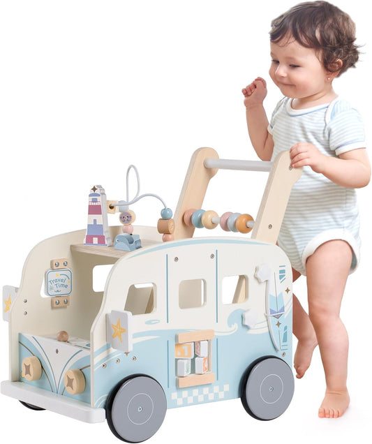 ROBOTIME Wooden Baby Walker, Baby Push Walker, Baby Activity Center Toys, Ajustable Speed Multi-Functional Baby Walker with Wheels for Boys and Girls(Vacation Bus)