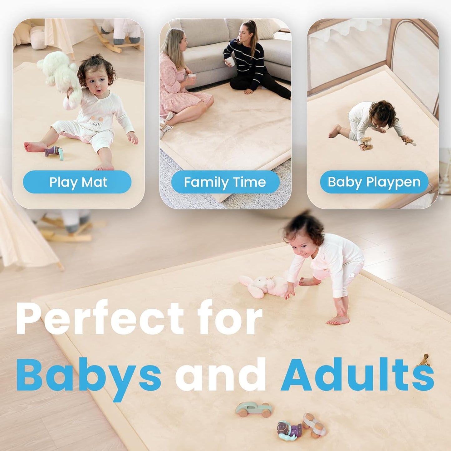 1.3" Thick Baby Play Mat for Floor Playpen,71x59 Large Foam Tummy Time Mat,Padded Support Soft Plush Nursery Rug for Infant,Kids Toddler Crawling Kick Activity (Beige)