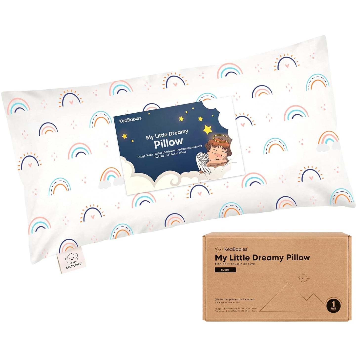 Toddler Pillow with Pillowcase - 10x18 My Little Dreamy Kids Travel Bed Pillows for Sleeping, Organic Cotton Small Pillowcase, Soft & Breathable, Machine Washable, 2-5 Years Old (Jolly Rainbow)
