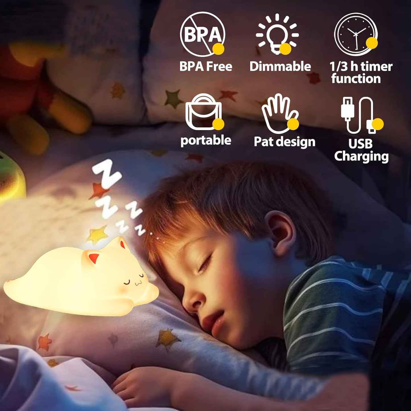 Tremdwoto Cat Night Light for Kids,Cute Colorful Night Light Baby Girl Squishy Night Light Lamp 1/3 Hour Timer Kitty Light Dimmable Nursery Lamp Nightlight (cat -Sleeping)
