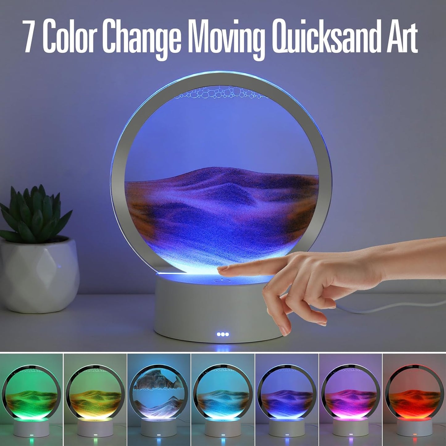 KPNUWN Moving Sand Art Liquid Motion, 3D Deep Sea Sandscape Color Quicksand Decor, Round Glass Moving Sand Art Picture Relaxing Desktop Home Office Work Decor (7 inch-Orange Light)