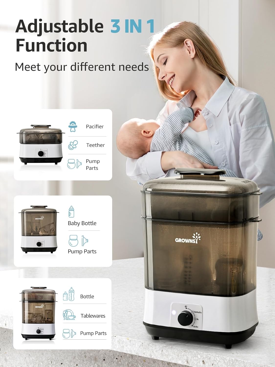 GROWNSY Adjustable 3 IN 1 Large Bottle Sterilizer and Dryer, Electric Steam Baby Bottle Sterilizer, Sanitizer for Baby Bottles & Pacifiers, Breast Pump Parts