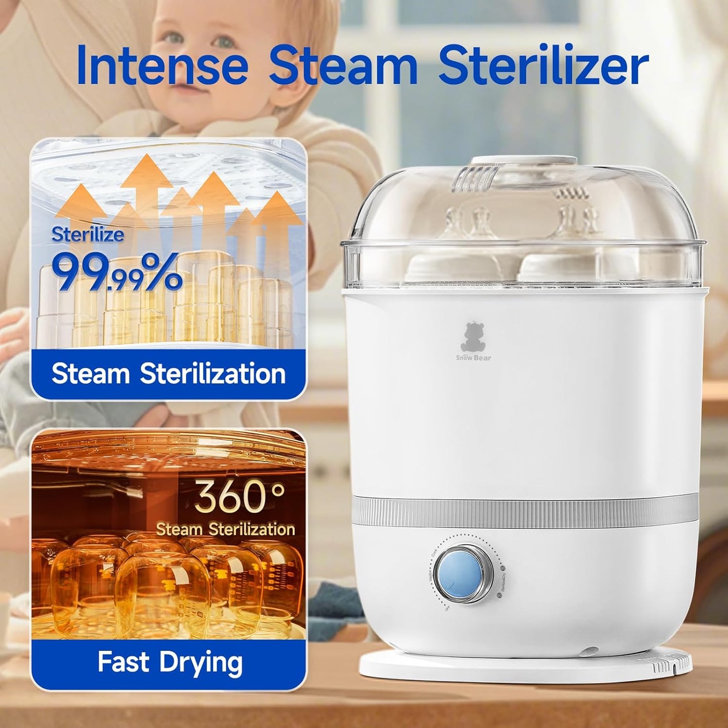 Snow Bear Baby Bottle Sterilizer and Dryer, 6-in-1 Electric Steam Bottle Sterilizer for Baby Bottle & Pacifiers, Breast Pump Parts, Large Capacity 13 Bottles, Fast Drying, Easy to Clean