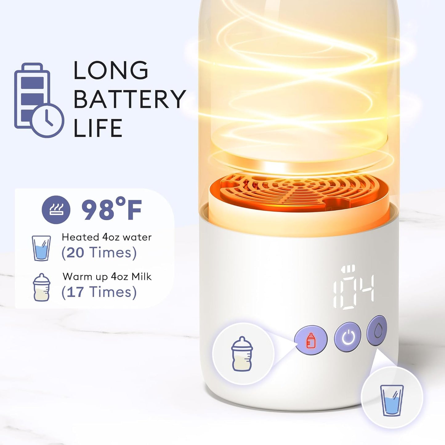 Portable Bottle Warmer for Travel, Dual Heating Modes for Breastmilk & Water On The Go, Portable Bottle Milk Warmer with Fast Heating & Long Battery Life, 10 Ounces Large Capacity (Purple)