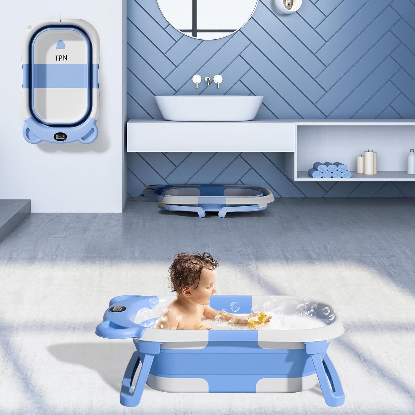 TPN Collapsible Baby Bathtub, Baby Bath Tub with Soft Cushion & Real-Time Thermometer, Baby Bathtub Infant to Toddler Tub (0-36 Months), Portable Newborn Travel Bath tub