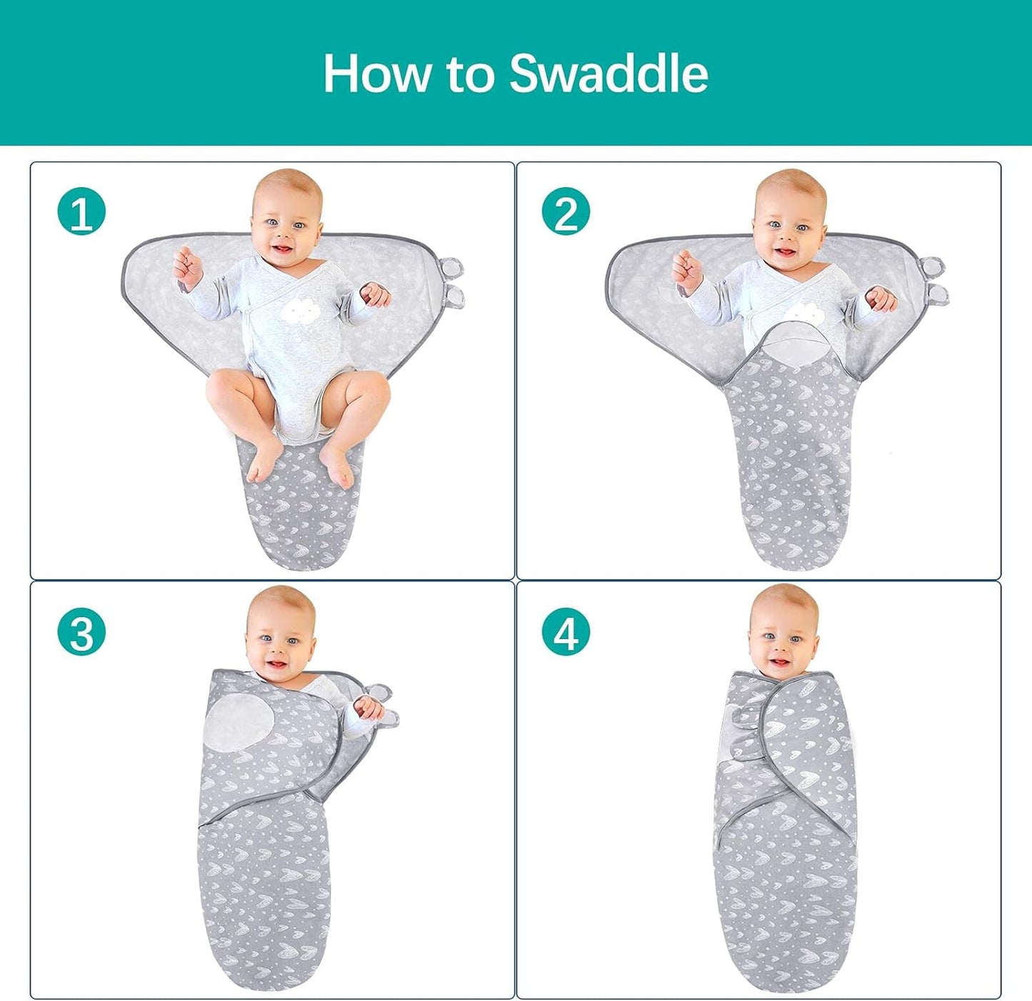 Biloban Baby Swaddles 0-3 Months for Boy & Girl, Cotton Swaddle Blanket, Newborn Essentials, Lovely Grey Print, 4 Pack