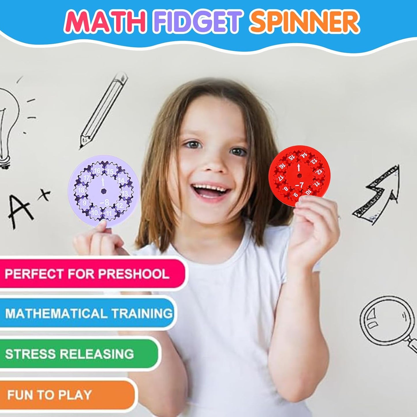 Math Fidget Spinner, Educational Math Fact Fidget Spinners, Learning Add Subtract Multiplication Division Fidget Spinner Toy for Kids, Perfect Treasure Box Toys for Classroom Prize Students (18pcs)