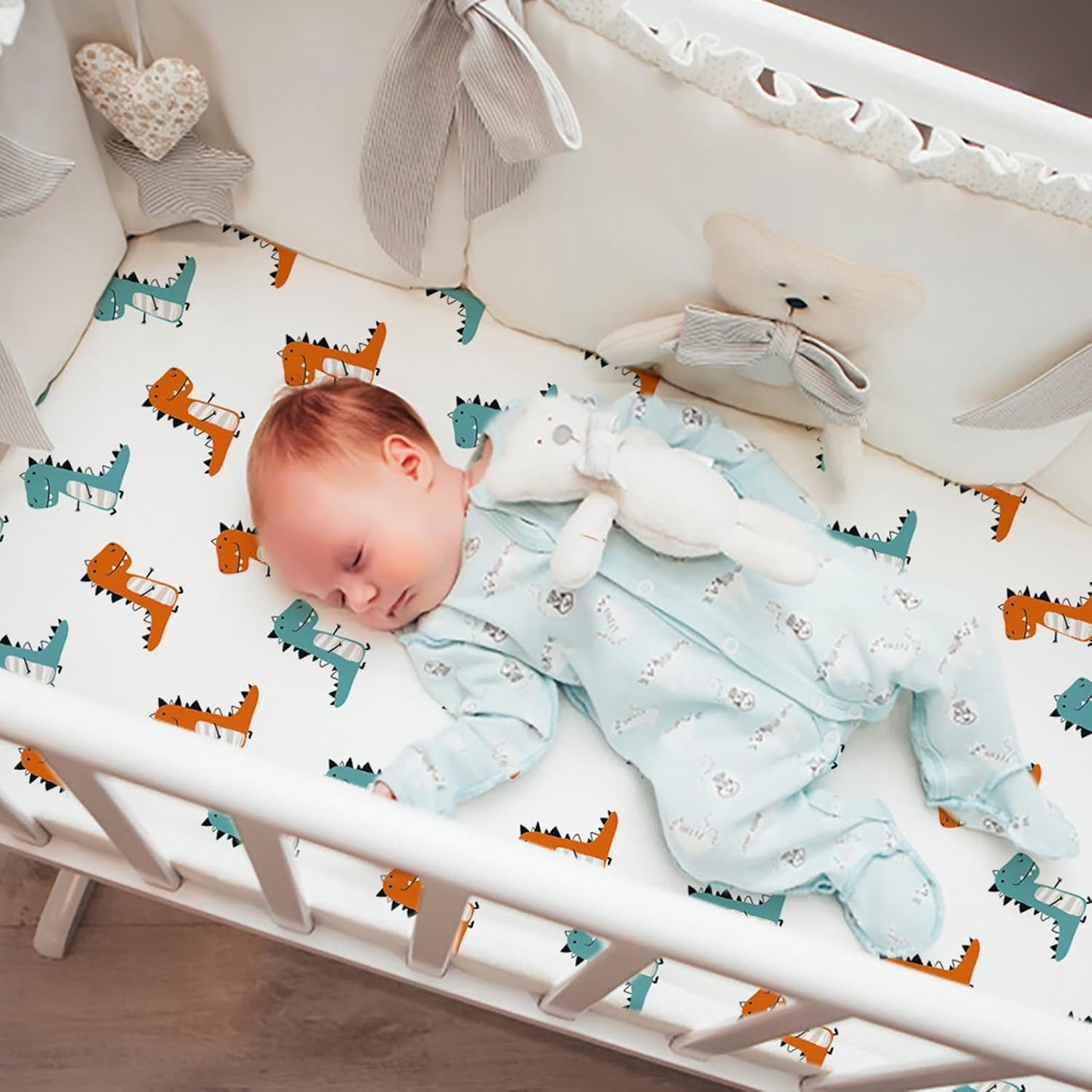 Gllquen Baby Bassinet Sheets 4 Pack, Breathable Cozy Fitted Mattress Sheet, Elastic Travel Crib Fashionable Floral Pattern, Standard Cradle Safe Sheets for Baby Boys Girls 32"x16"(Dinosaur)