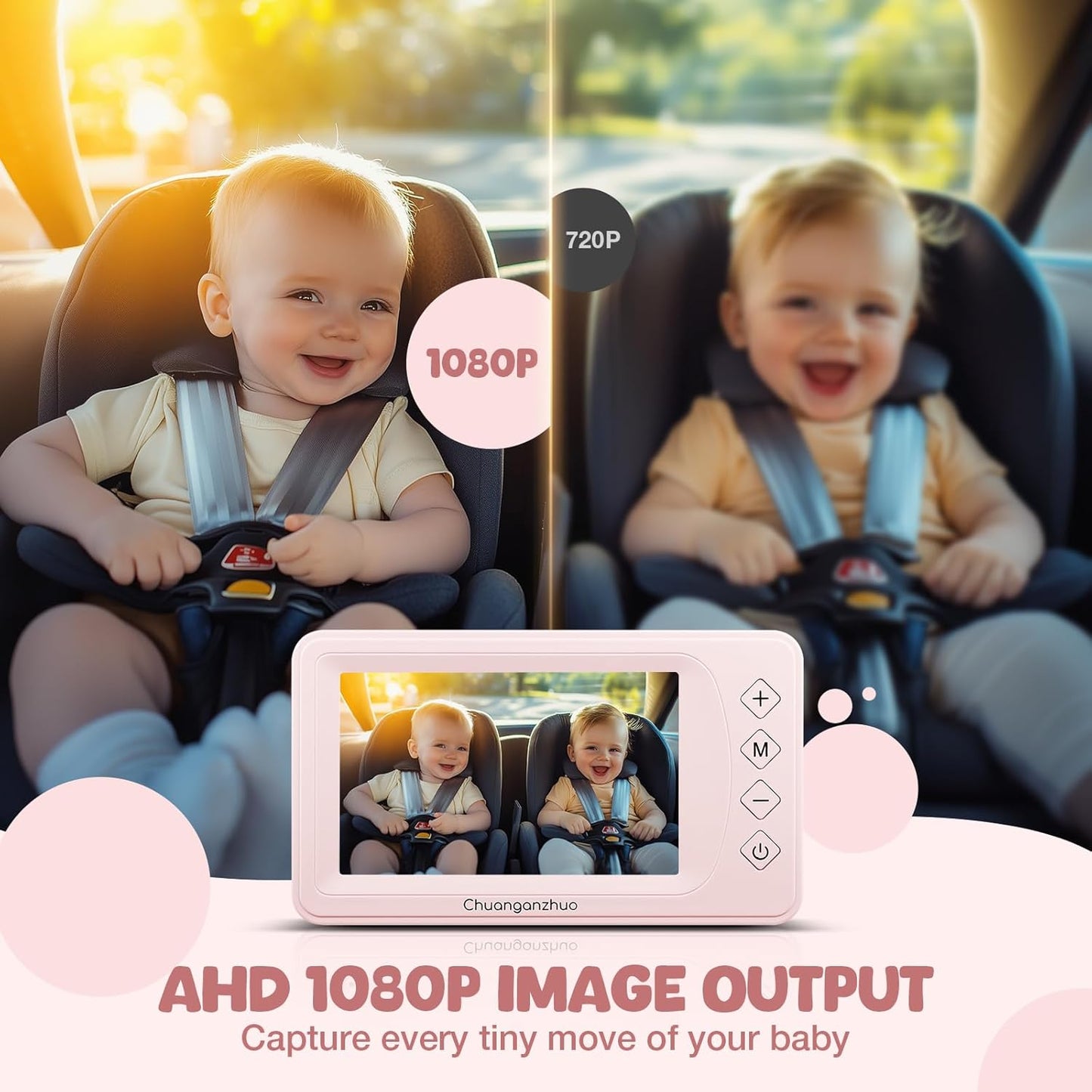 Baby Car Camera with Advanced Crystal-Clear Night Vision, 3X Zoom, USB Powered, 5'' AHD 1080P IPS Car Baby Monitor, Backseat Camera for Kids Infants Rear Facing Mirror, 5inch, Pink