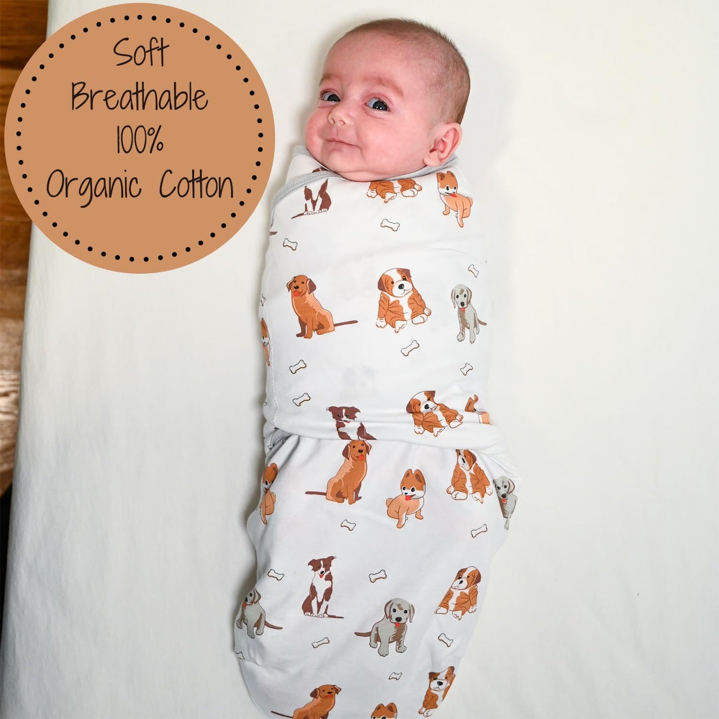 LollyBanks Baby Swaddles, 100% Organic Cotton Swaddles for Newborn Boy and Girl, 0-3 Months Swaddle Sacks with Easy Change Zipper, Swaddle Neutral Baby Registry (Puppies Print)