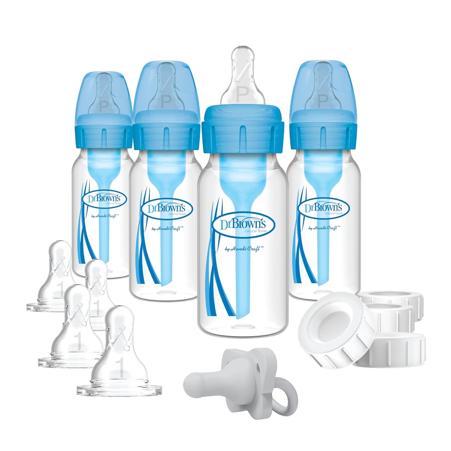 Dr. Brown's Natural Flow Anti-Colic Options+ Narrow Breast to Bottle Pump & Store Feeding Set with Slow Flow Nipples, Baby Travel Caps and 100% Silicone HappyPaci One-Piece Pacifier, Blue